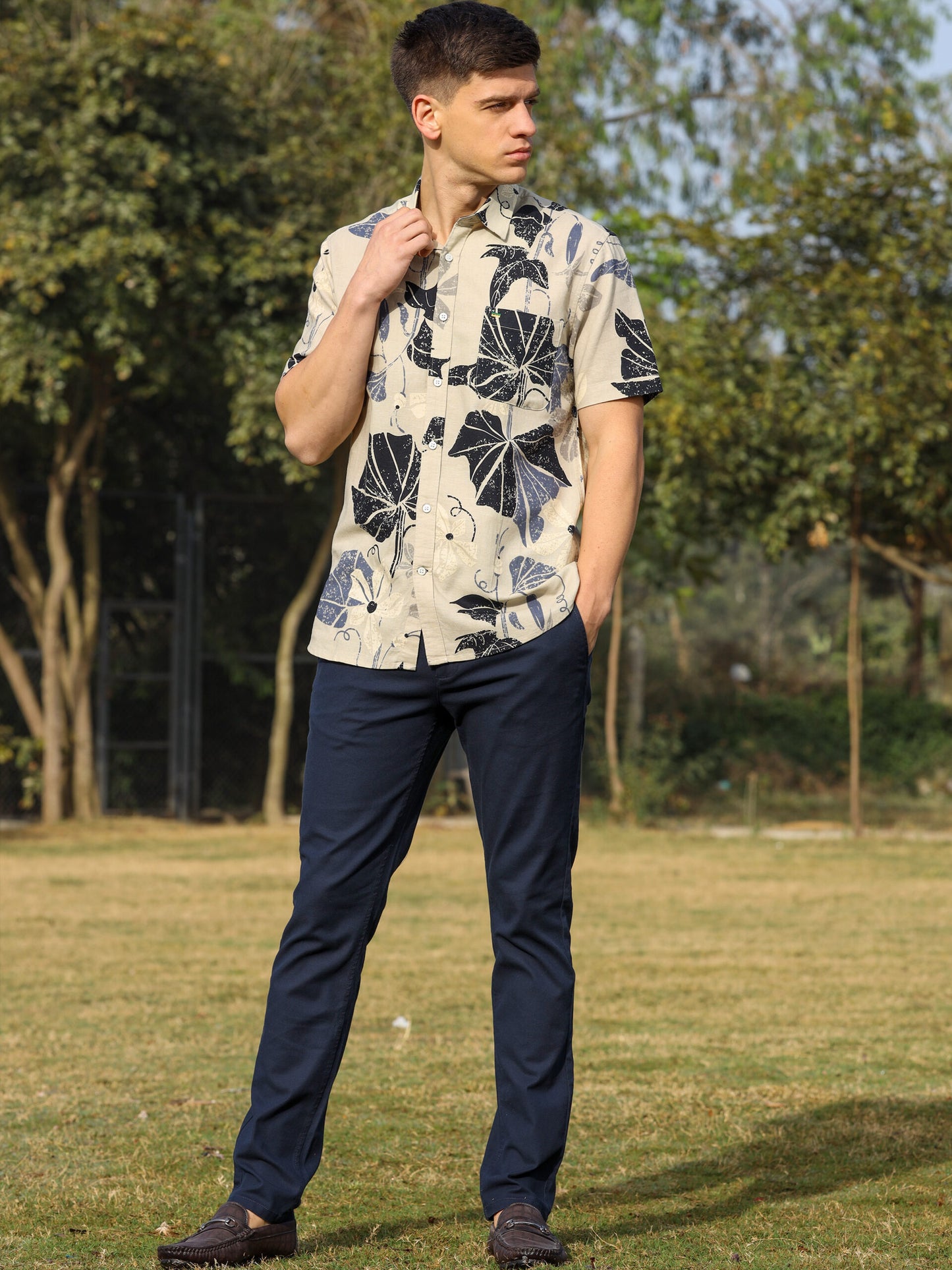 Leaves Print Linen Shirt