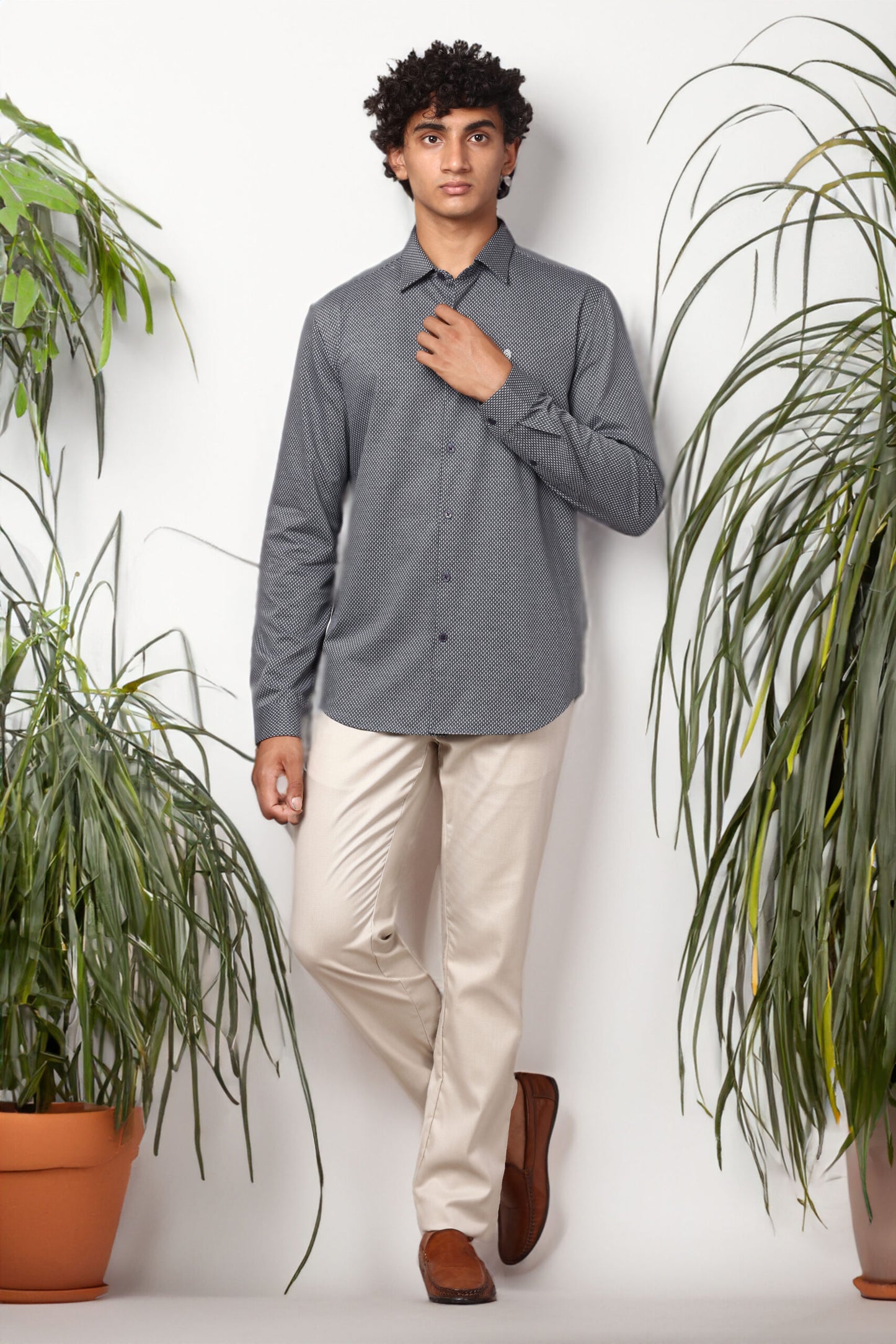 GREY MICRO CHECK COTTON SHIRT