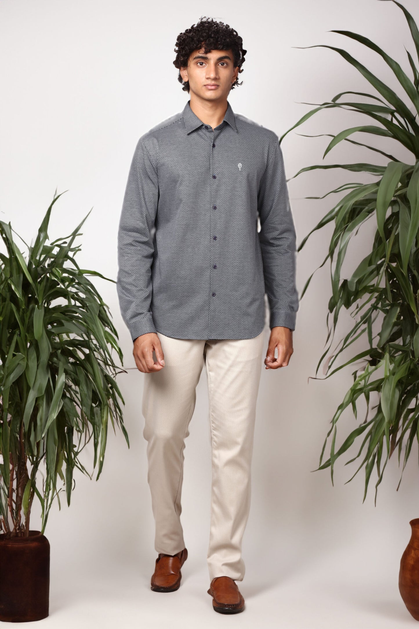 GREY MICRO CHECK COTTON SHIRT