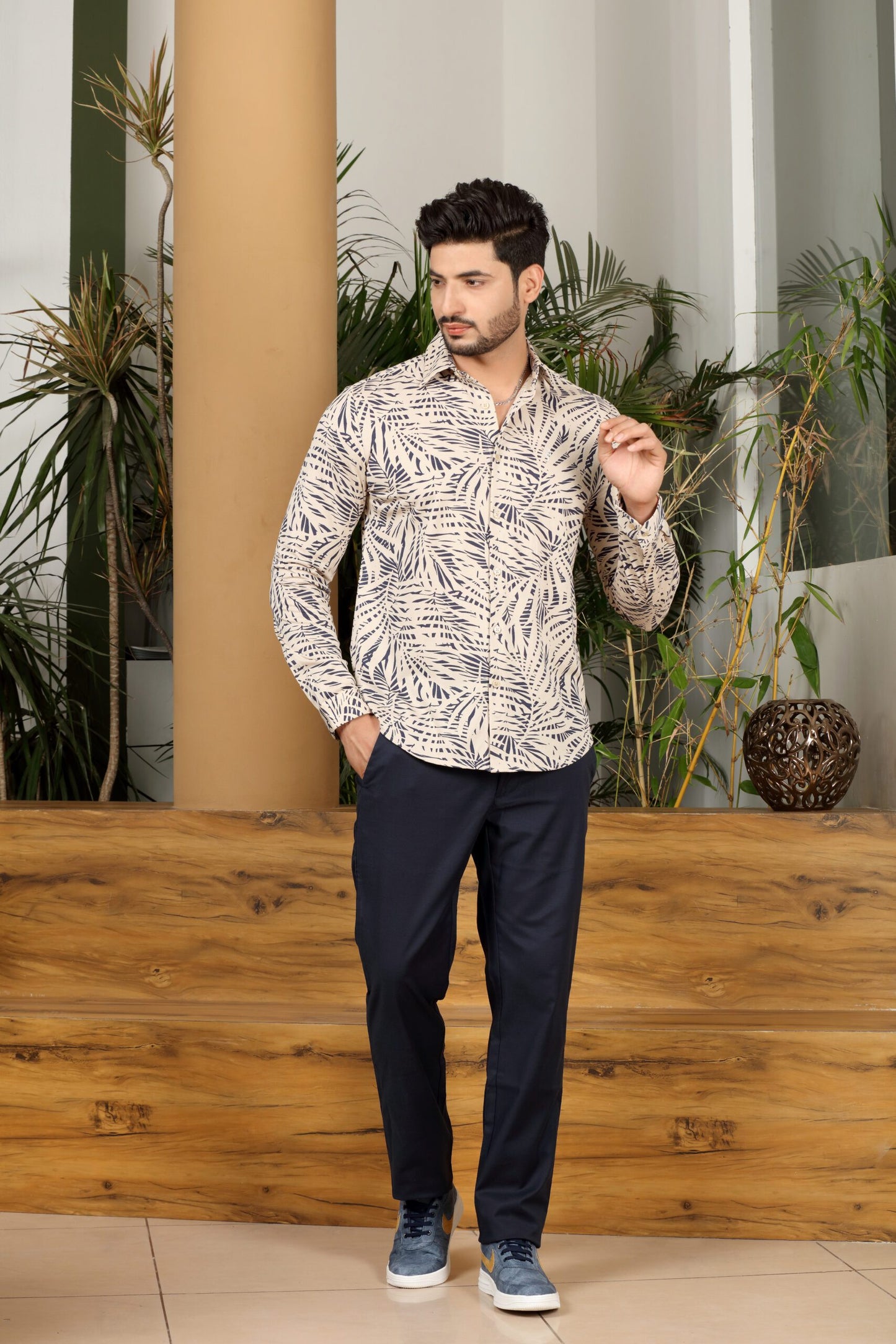 Premium Navy Leaf Print Shirt