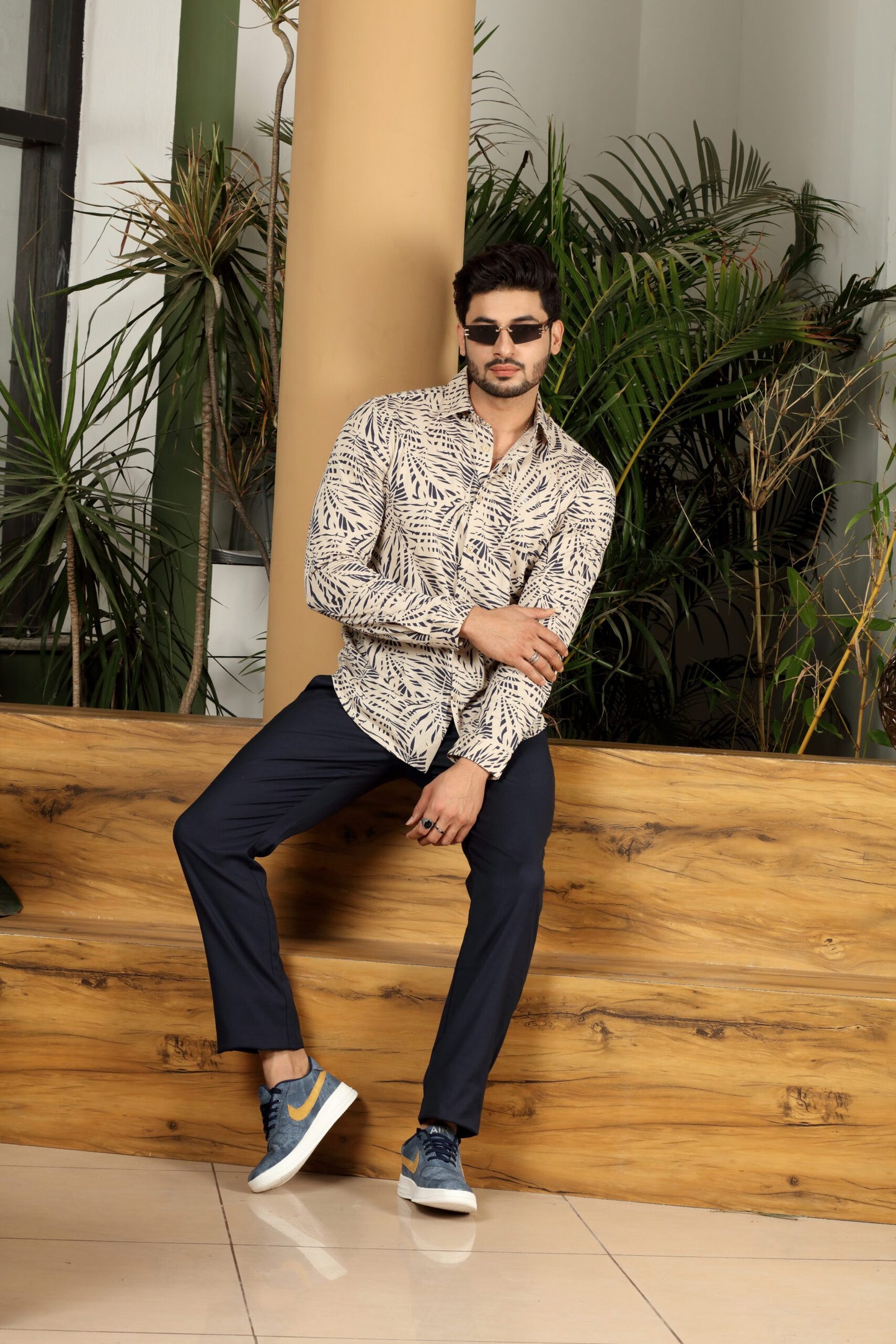Premium Navy Leaf Print Shirt