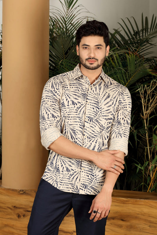 Premium Navy Leaf Print Shirt