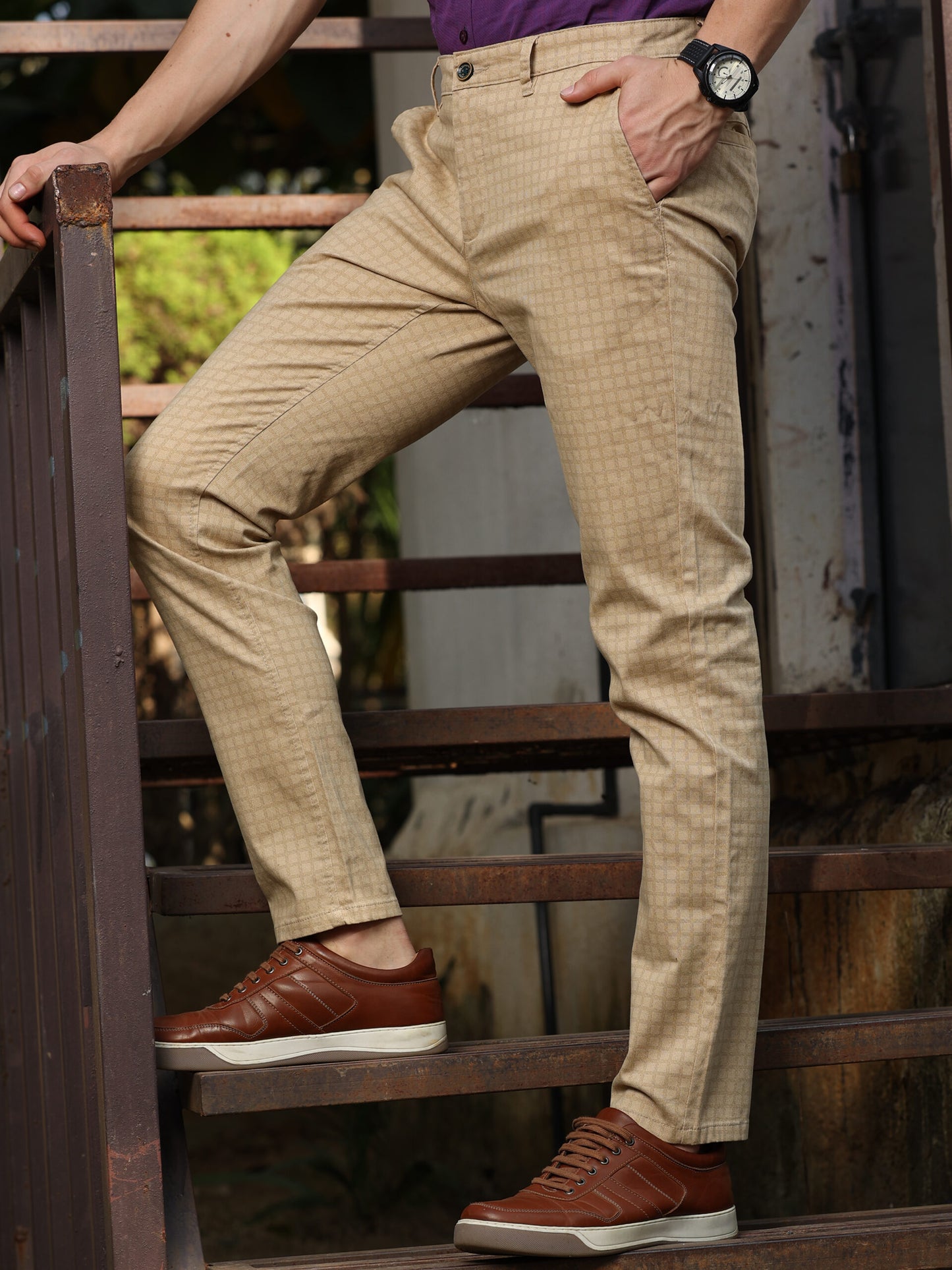 Premium Beige Self Check Trouser