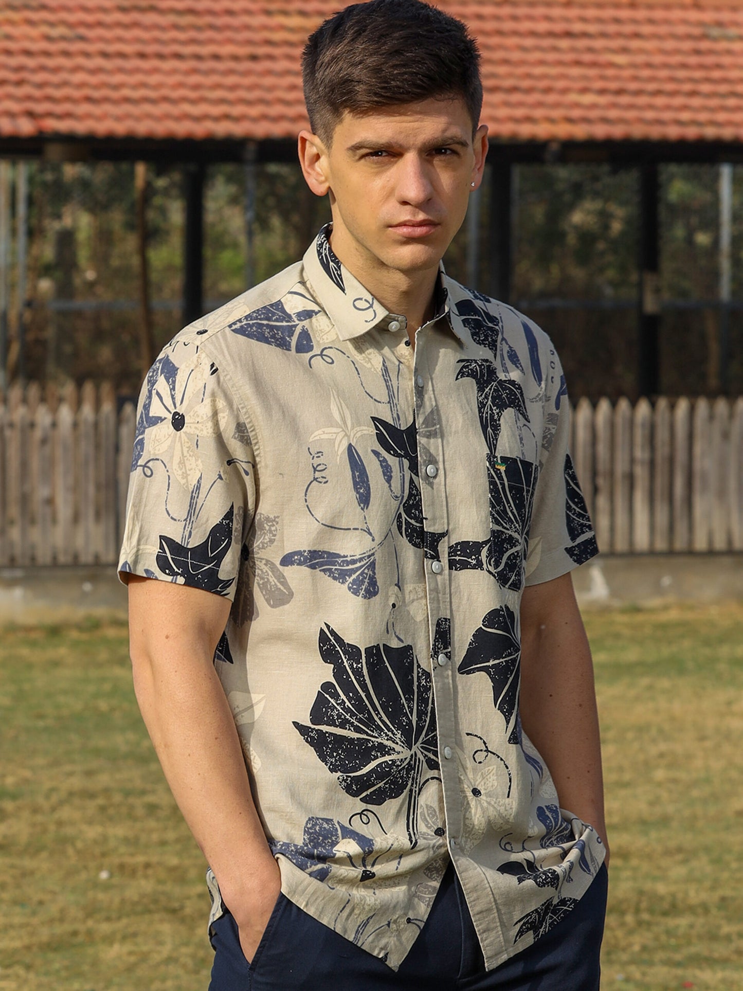 Leaves Print Linen Shirt
