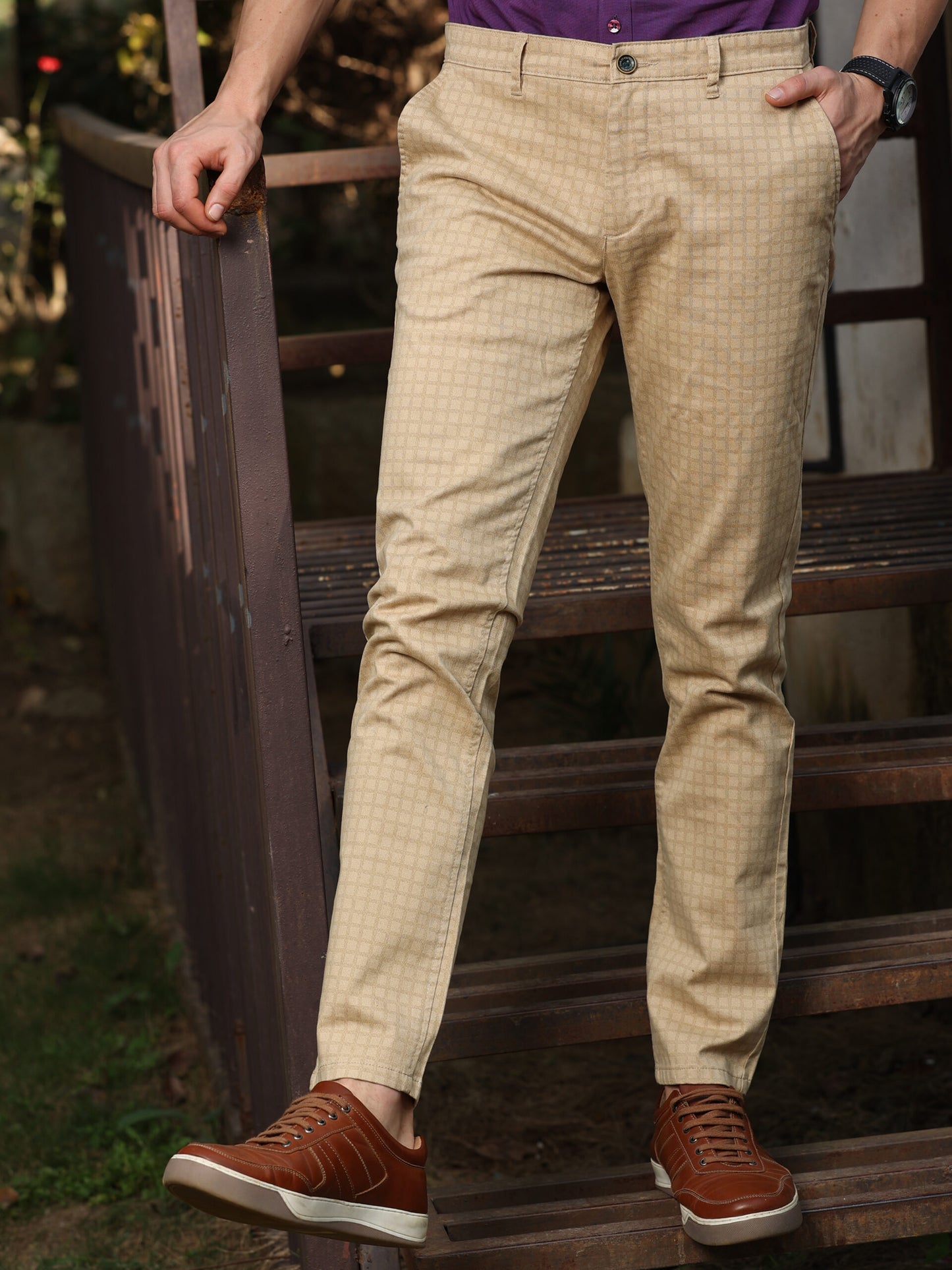 Premium Beige Self Check Trouser