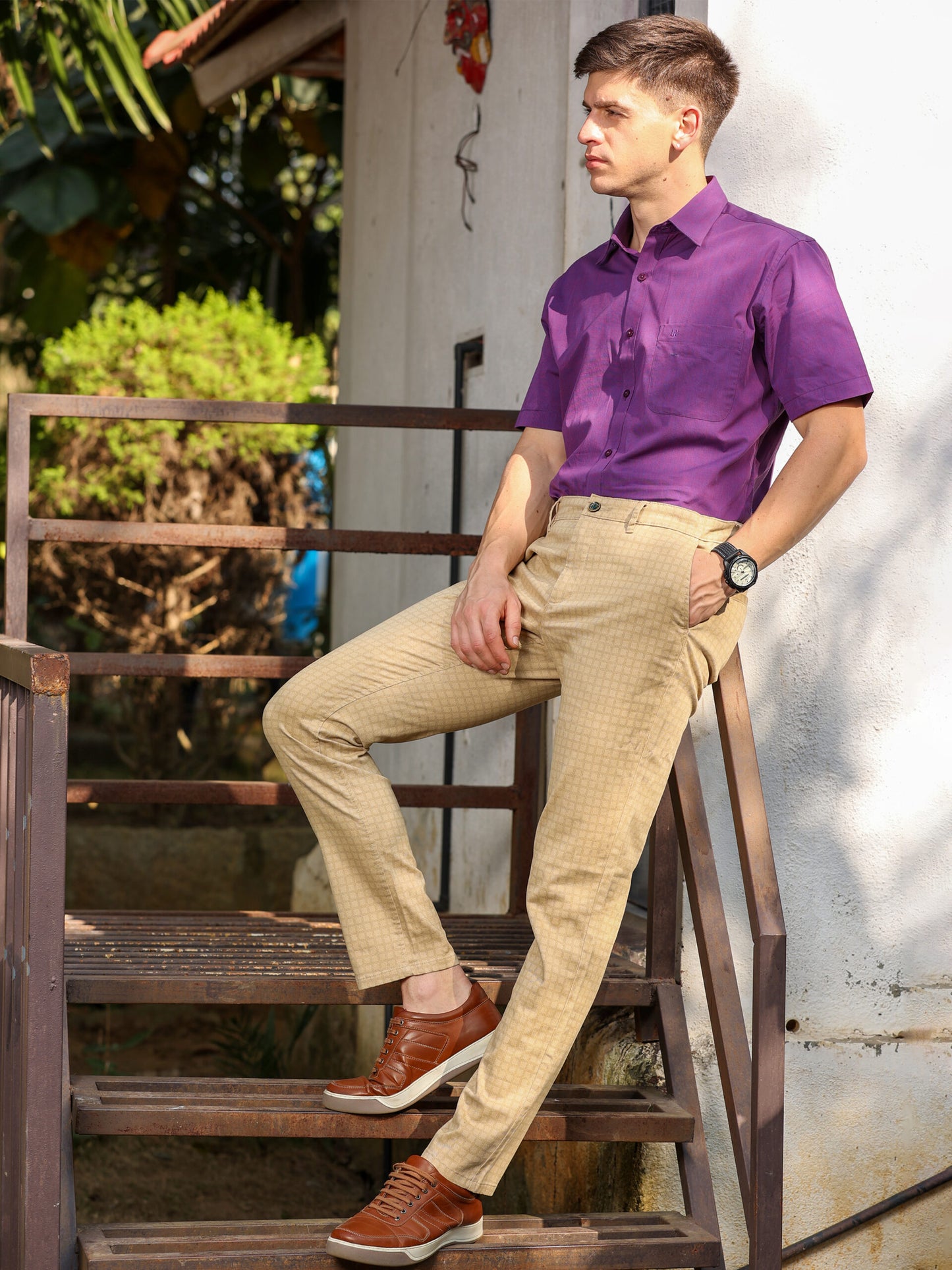 Premium Beige Self Check Trouser