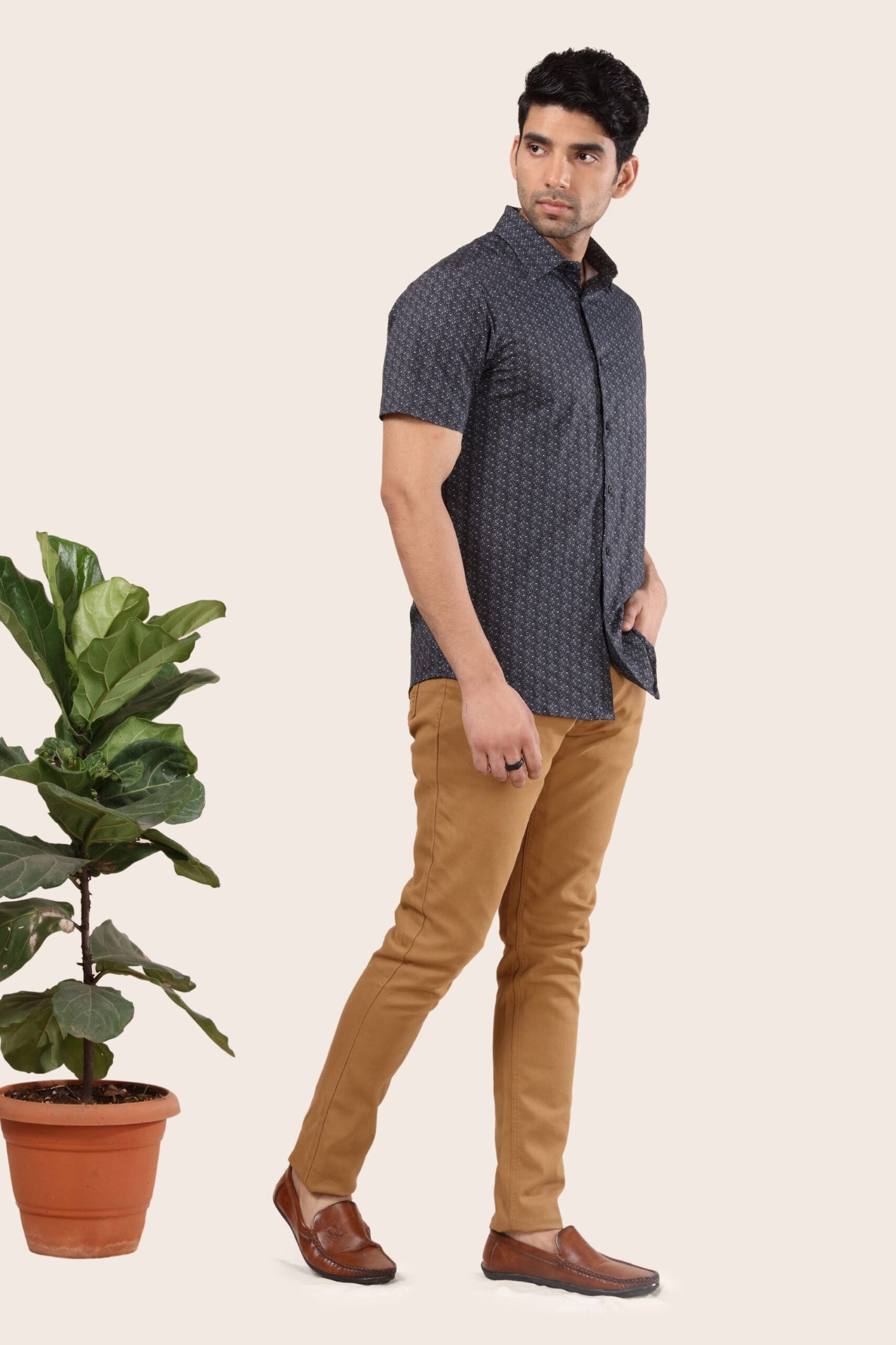 Premium Grey Micro Leaf Print Shirt