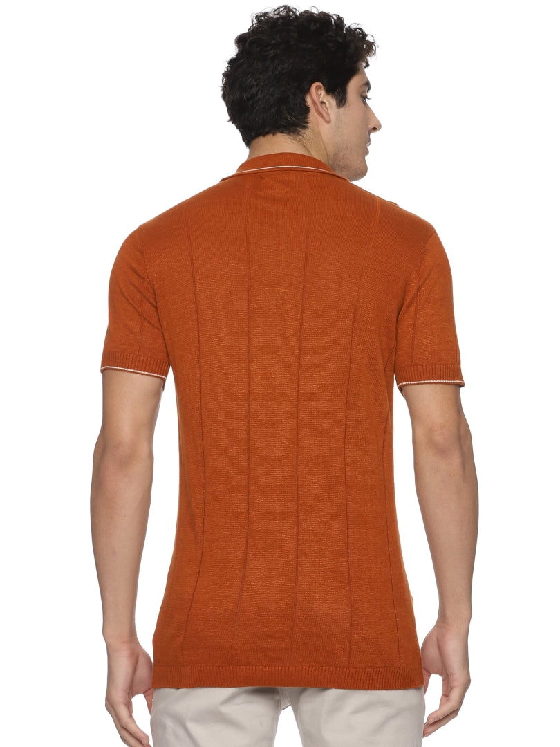 Linen Rich Knit Polo Burnt Orange T-Shirt