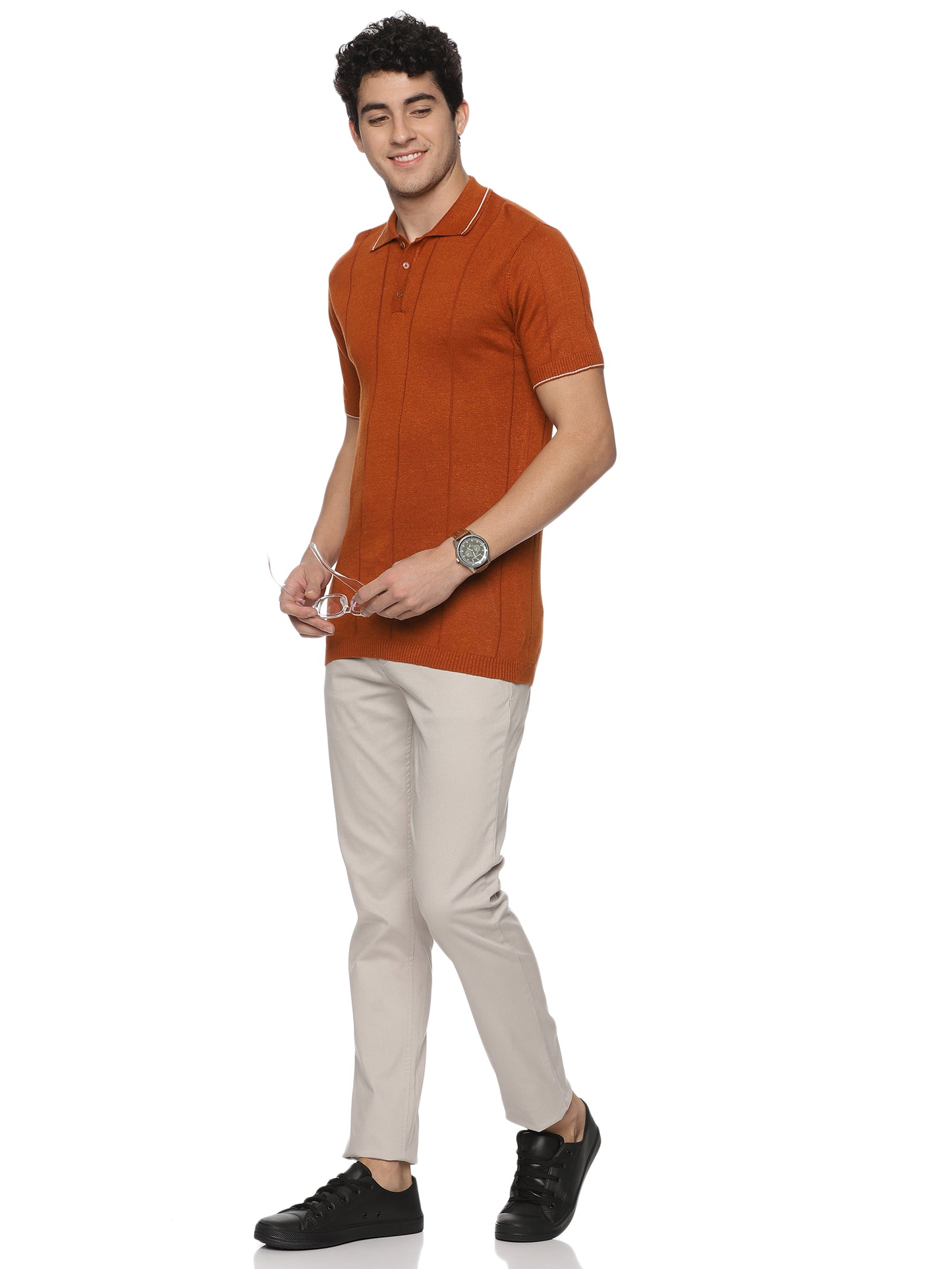 Linen Rich Knit Polo Burnt Orange T-Shirt