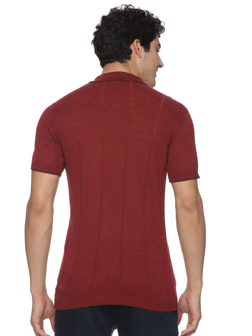 Linen Rich Knit Polo Burnt Maroon T-Shirt