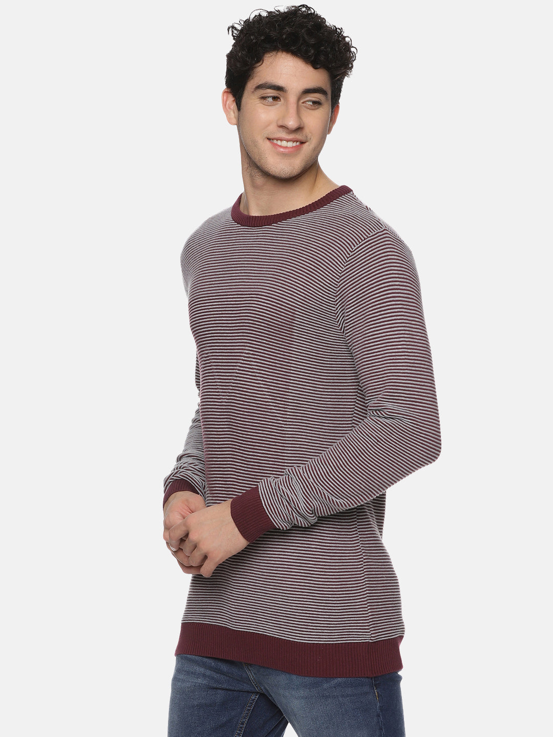 Maroon Stripe Knit Full Sleeves Sweater