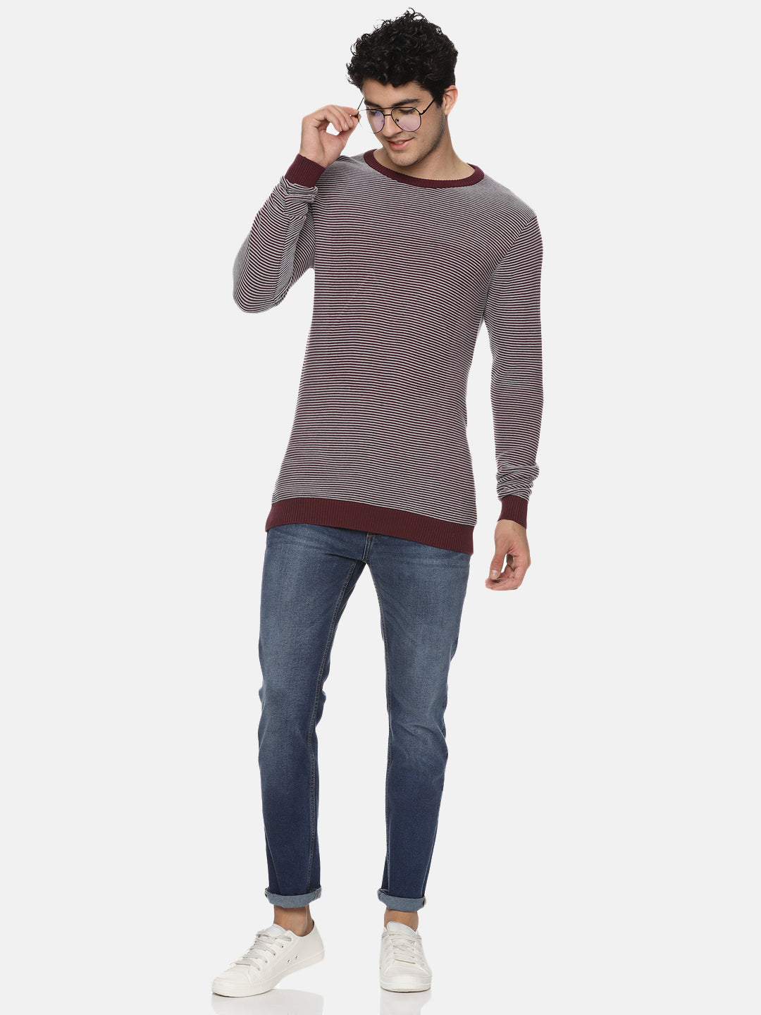 Maroon Stripe Knit Full Sleeves Sweater