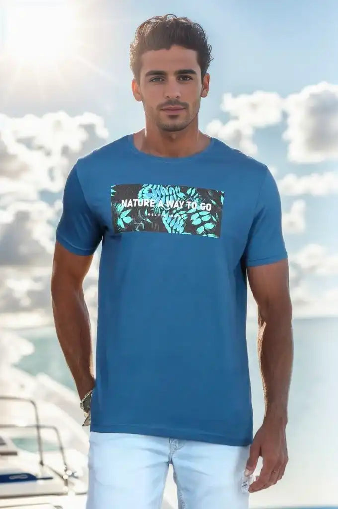 Asphalt Blue Cotton Round Neck T-Shirt