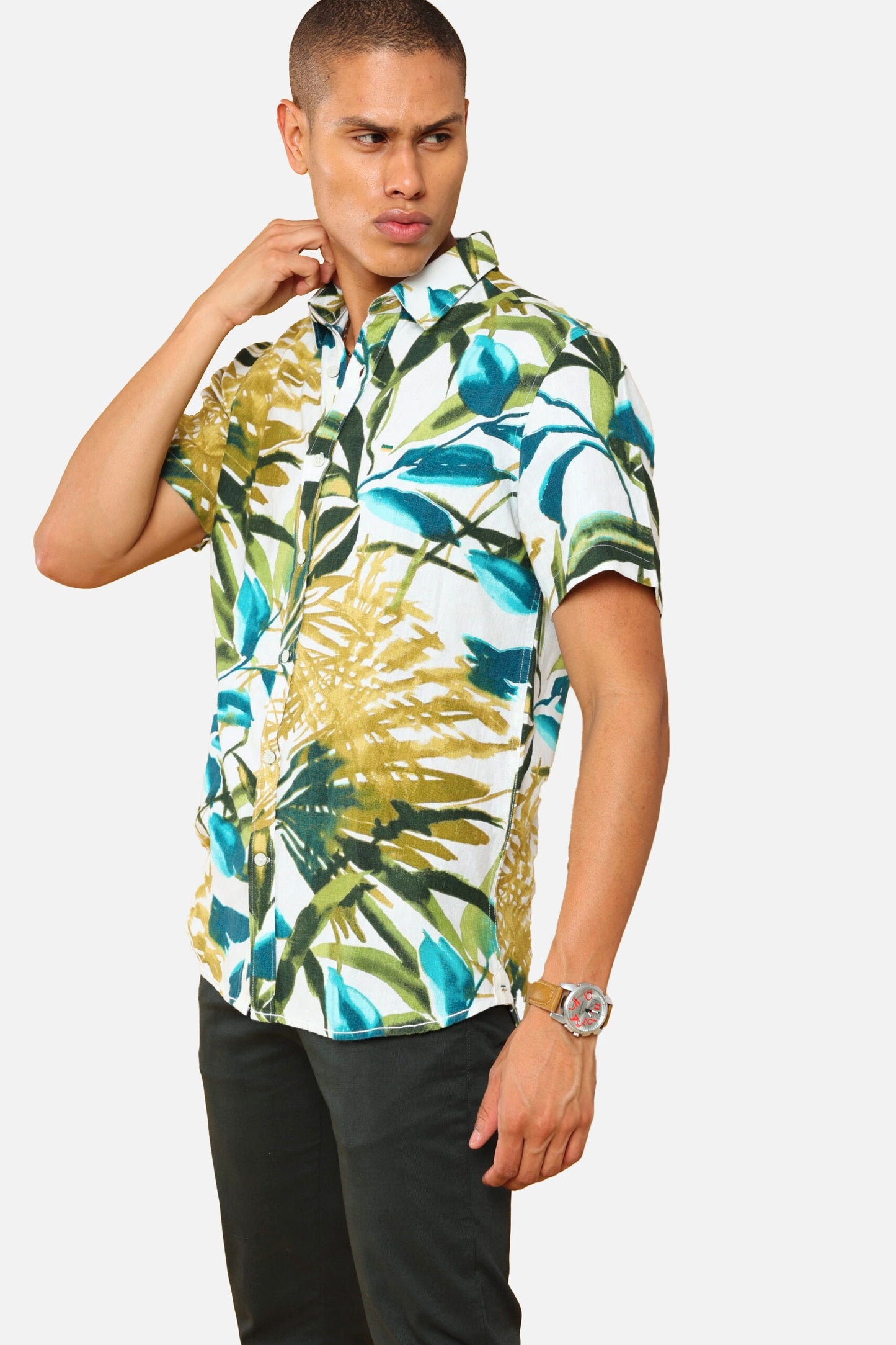 Olivier Green Linen Print Shirt