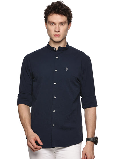 Navy Mandarin Collar Shirt