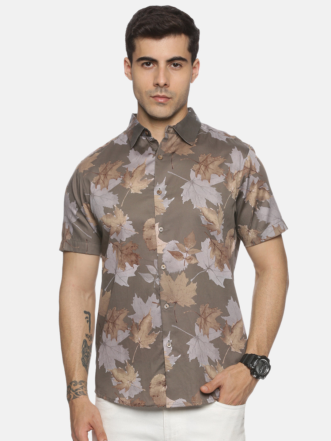 Grey Leaf Print Luxe Collection Shirt