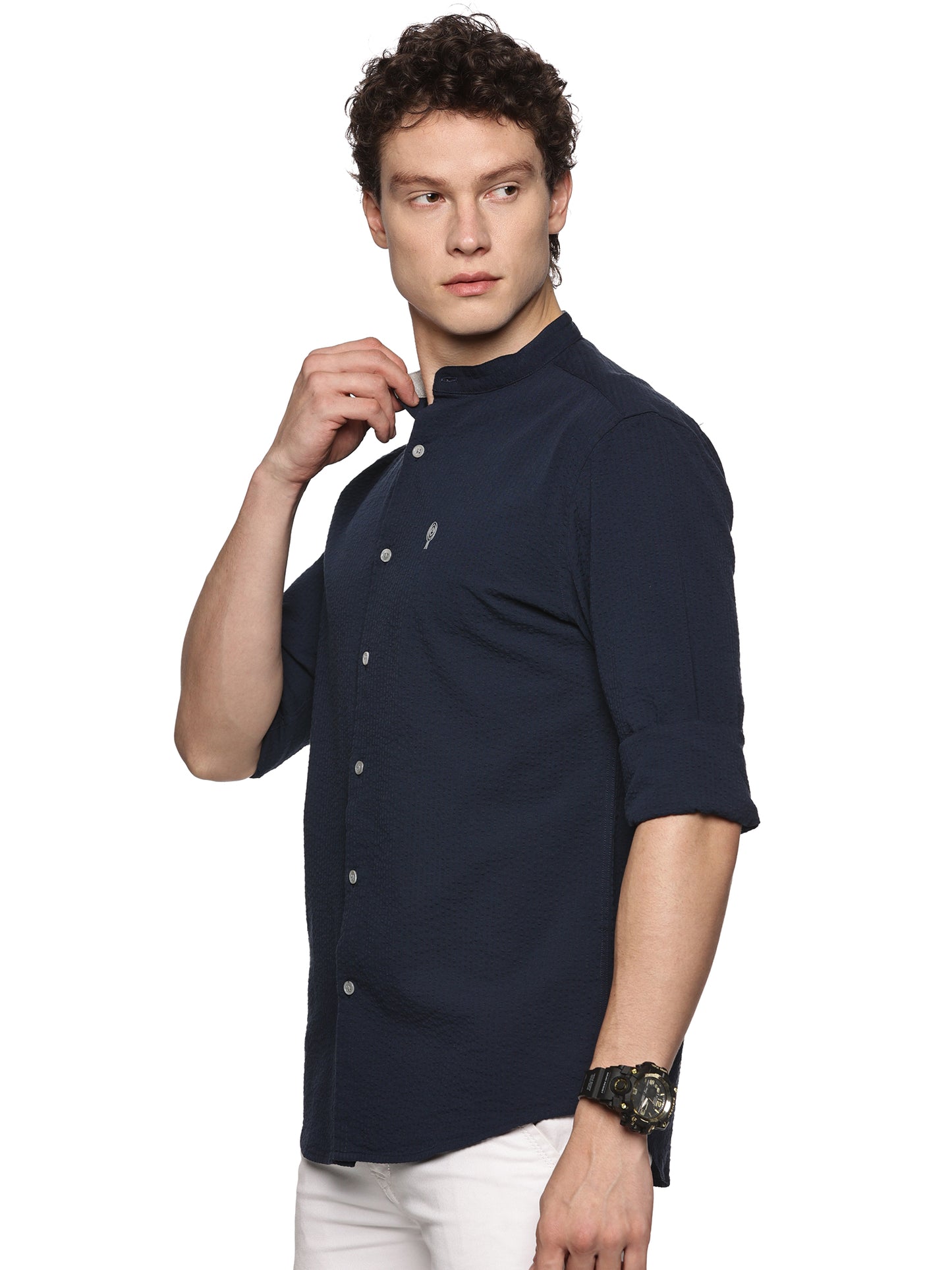 Navy Mandarin Collar Shirt