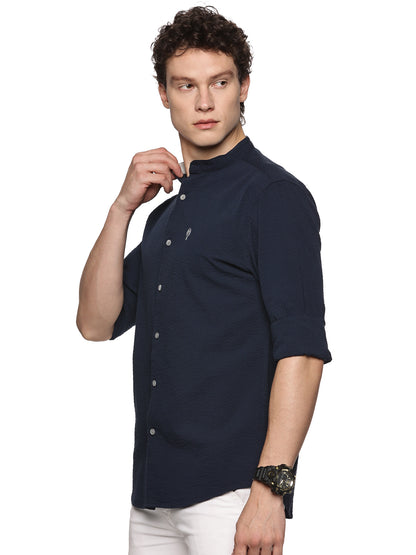 Navy Mandarin Collar Shirt