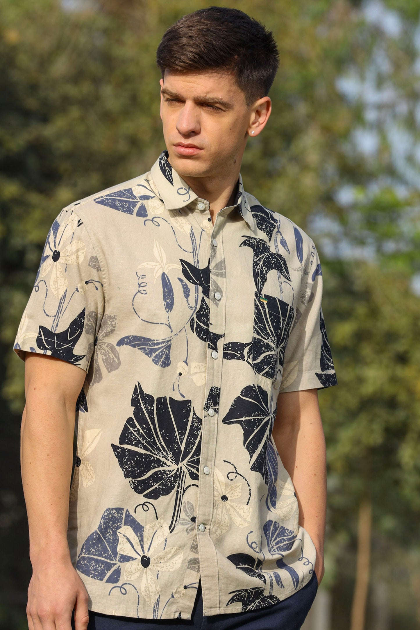 Leaves Print Linen Shirt