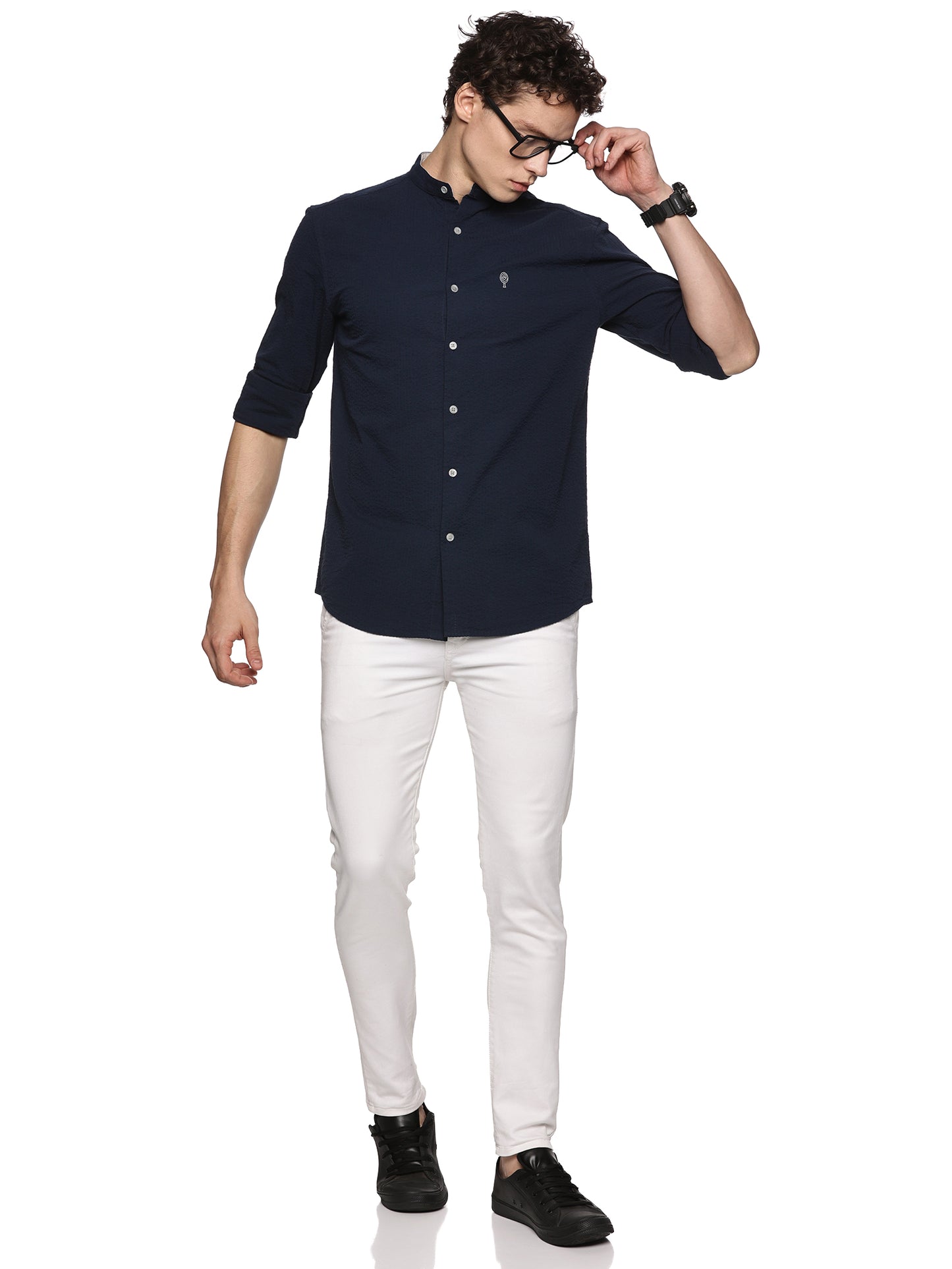 Navy Mandarin Collar Shirt