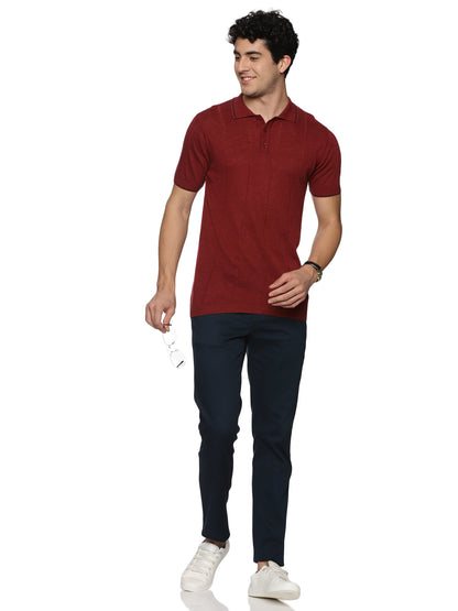 Linen Rich Knit Polo Burnt Maroon T-Shirt