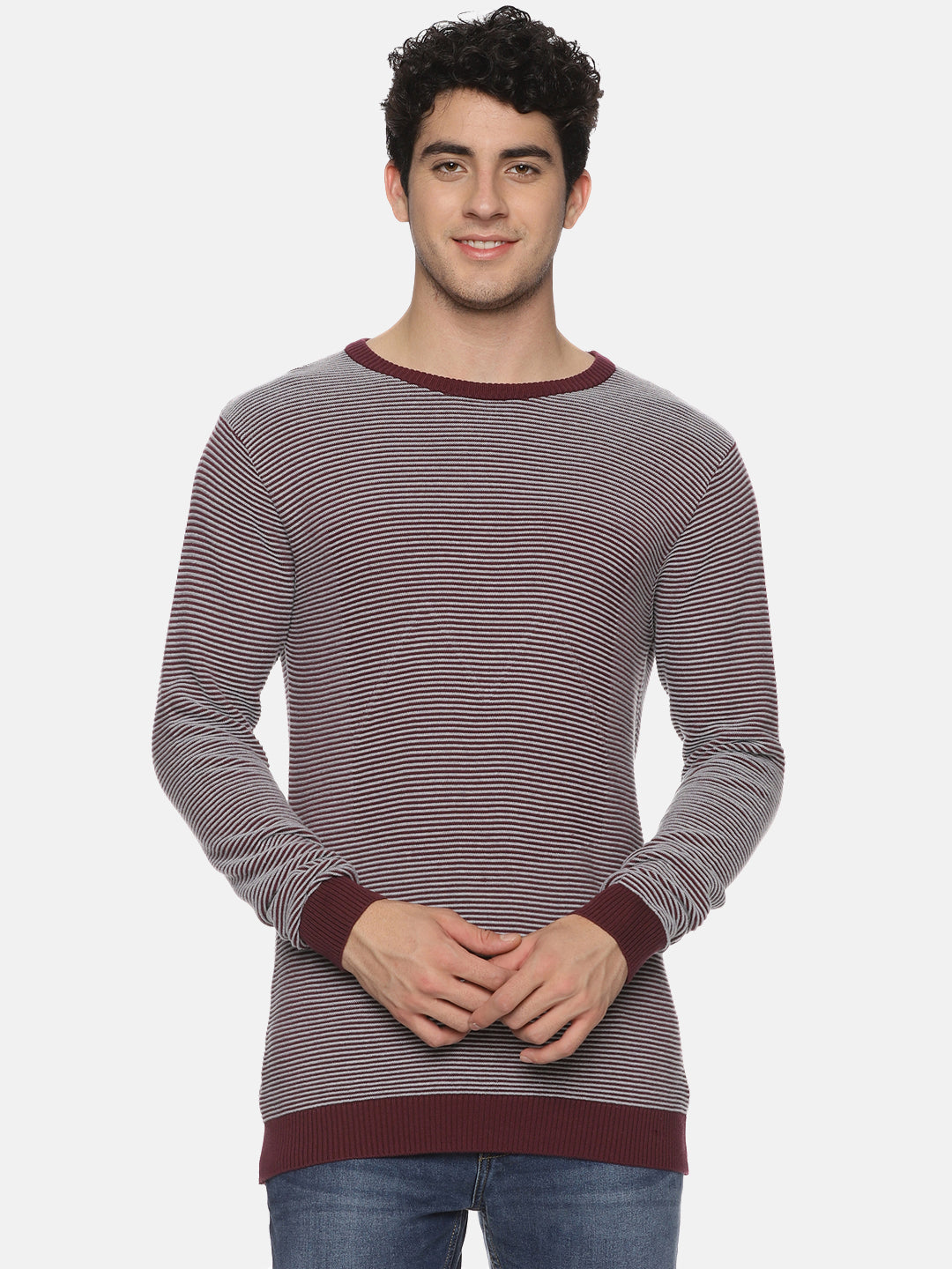 Maroon Stripe Knit Full Sleeves Sweater Melvin Jones