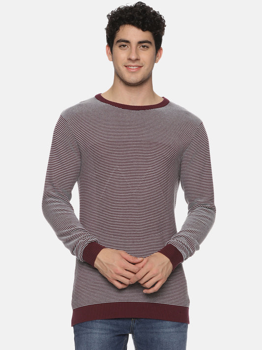 Maroon Stripe Knit Full Sleeves Sweater